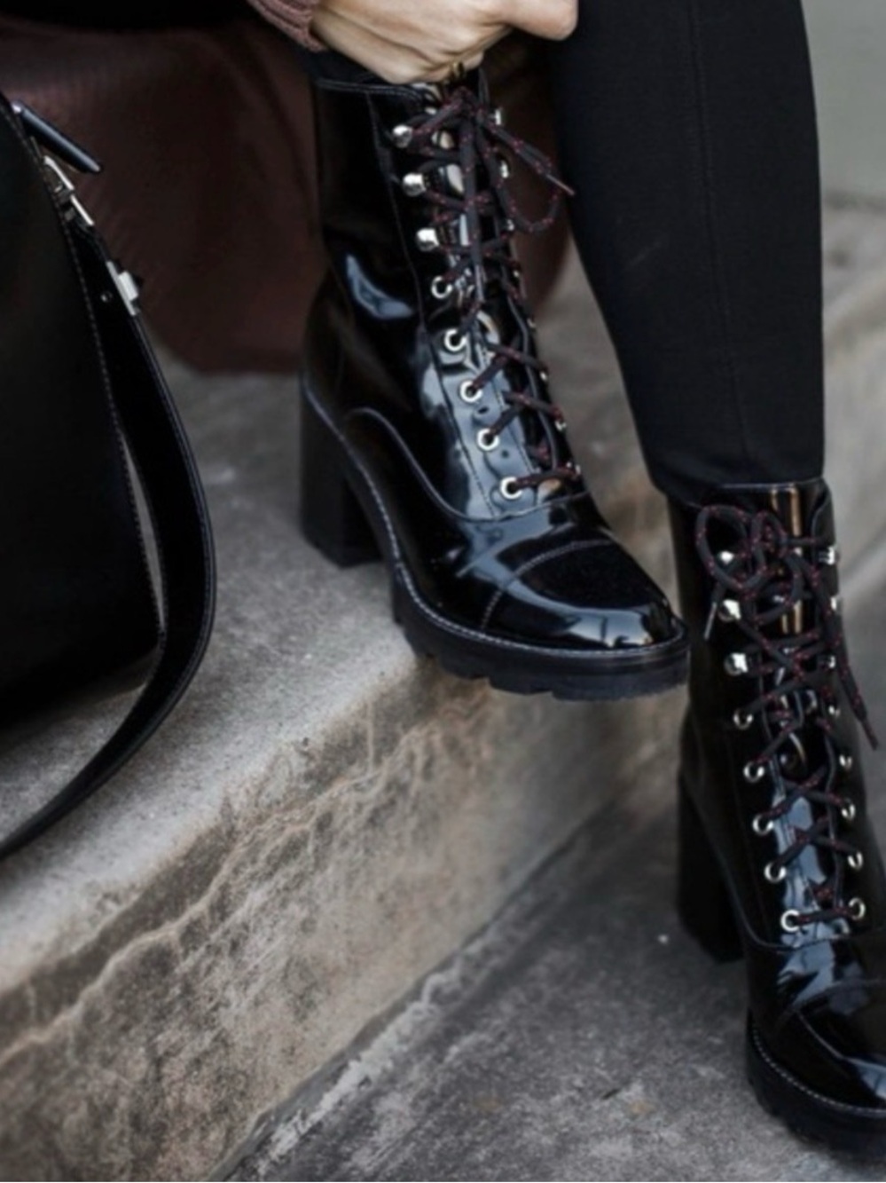 Marc Fisher Wayna Black Patent Leather Lace-Up Block Heel Combat Boots